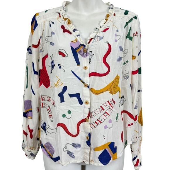 Maeve by Anthropologie Womens Long Sleeve Button Up Winter Print Shirt Top sz 2 - Picture 1 of 16